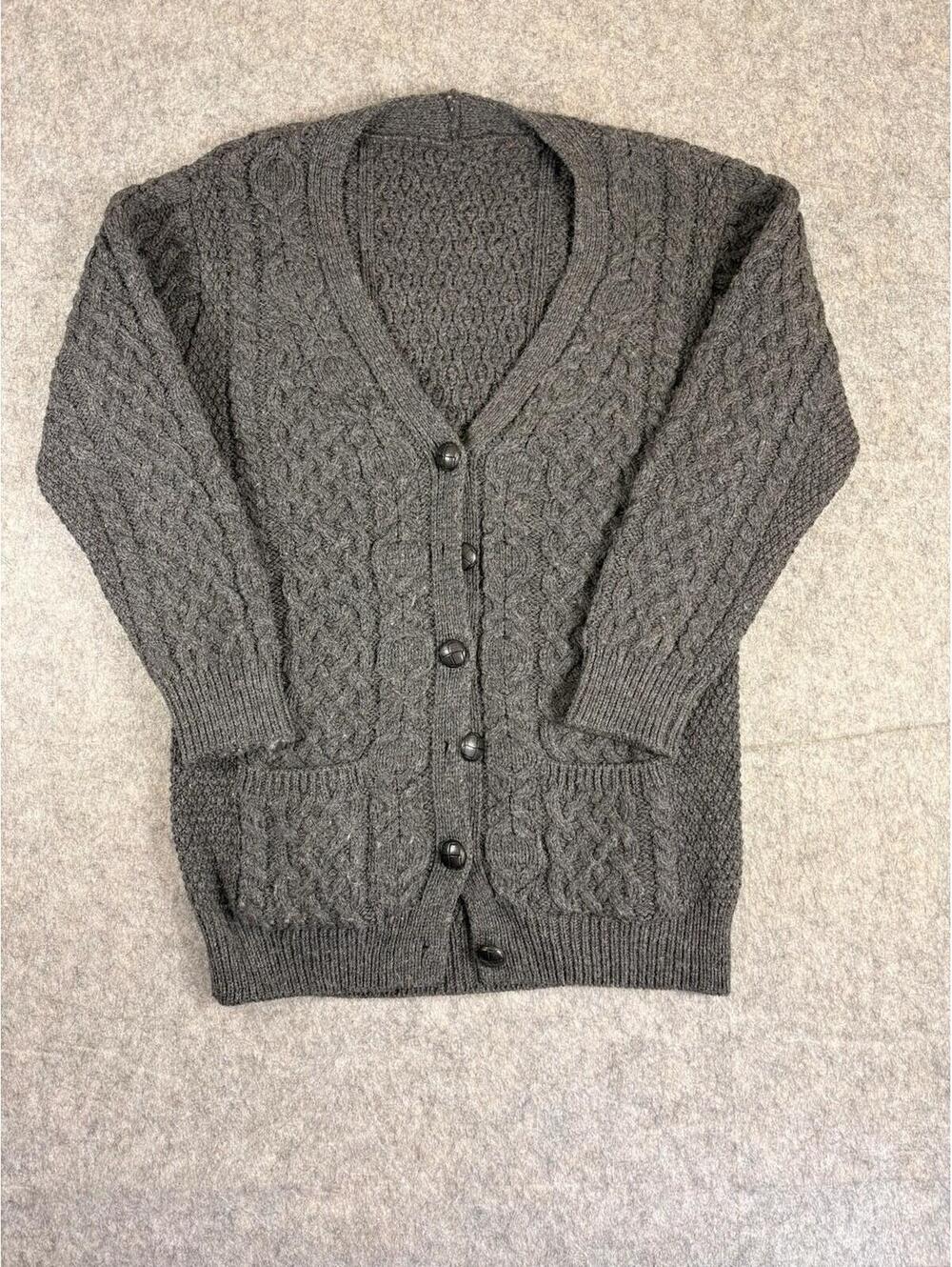 Aran Merino Wool Cable Knit Cardigan Men's Small Dark Gray Sweater Ireland